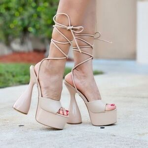 Women Ankle Strap High Chunky Heel Platform Sandals Nude Color